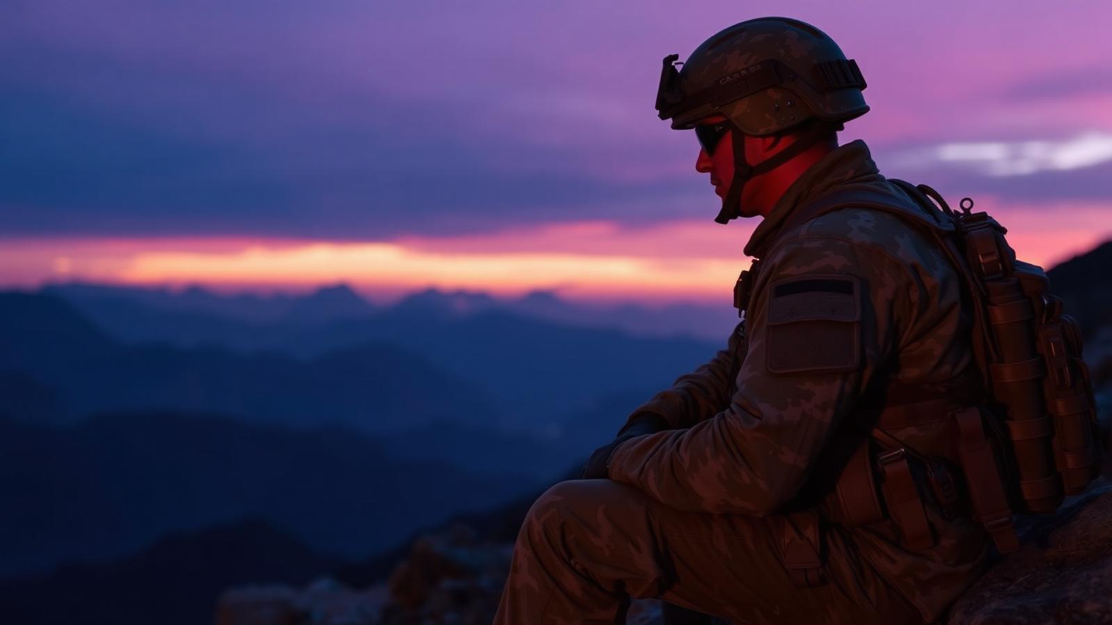 Soldier sitting calmly at dusk after a Woosah reset
