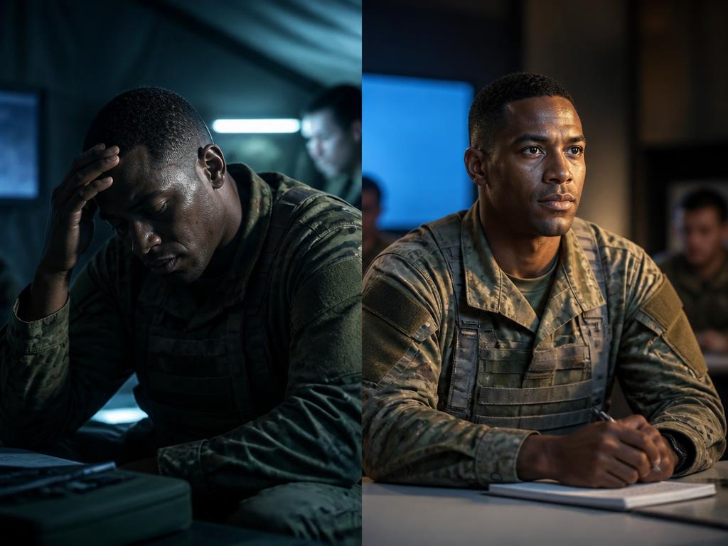 Military worker under stress at work